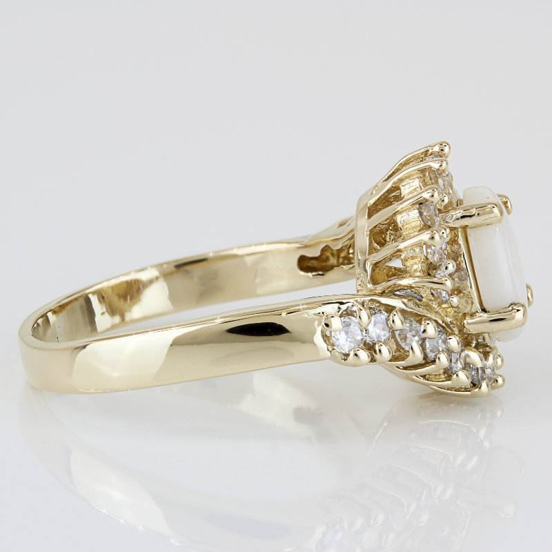 Vintage Oval Opal Halo Ring 14k Yellow Gold CZ Cluster Cocktail Statement Band - Image 3