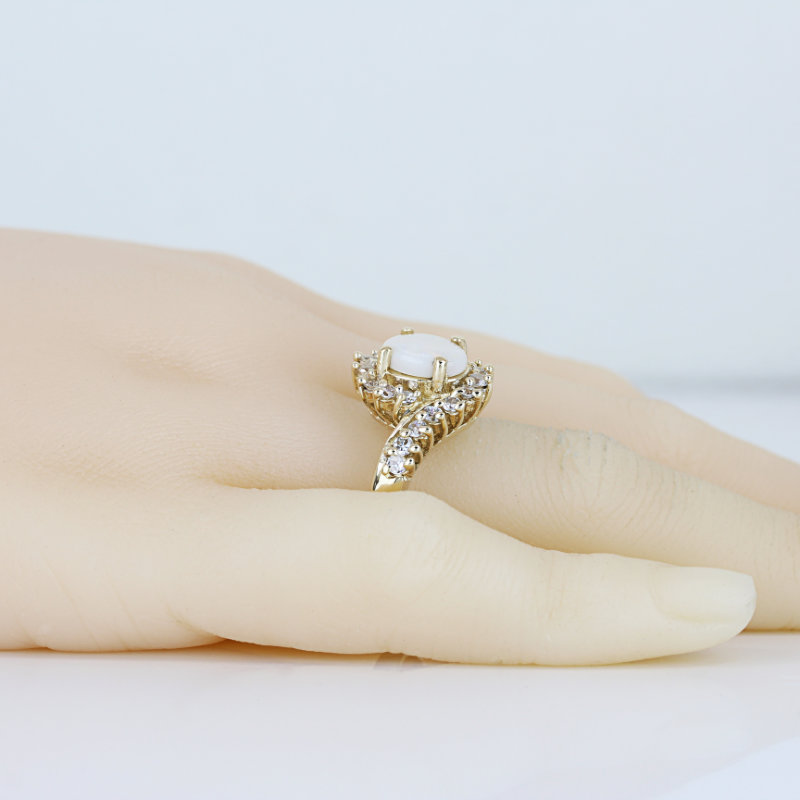 Vintage Oval Opal Halo Ring 14k Yellow Gold CZ Cluster Cocktail Statement Band - Image 6