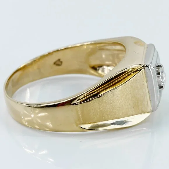 Vintage 10K Two-Tone Gold Solitaire Diamond Men's Ring - Image 3