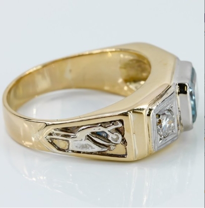 Vintage 18k Two-Tone White & Yellow Gold Topaz & Diamond Men's Ring - Image 4
