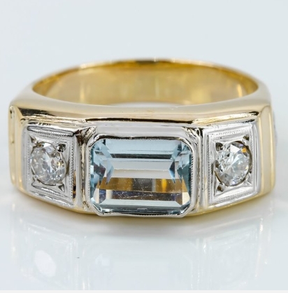 Vintage 18k Two-Tone White & Yellow Gold Topaz & Diamond Men's Ring