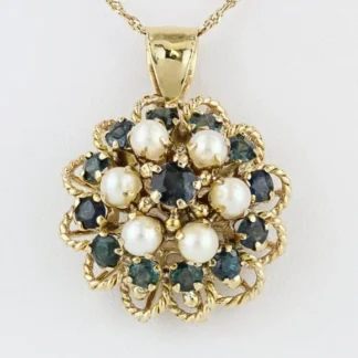 Vintage 10 Karat Yellow Gold Blue Spinel + Pearl Anniversary Pendant