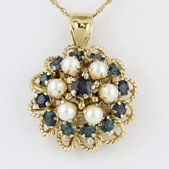 Vintage 10 Karat Yellow Gold Blue Spinel + Pearl Anniversary Pendant