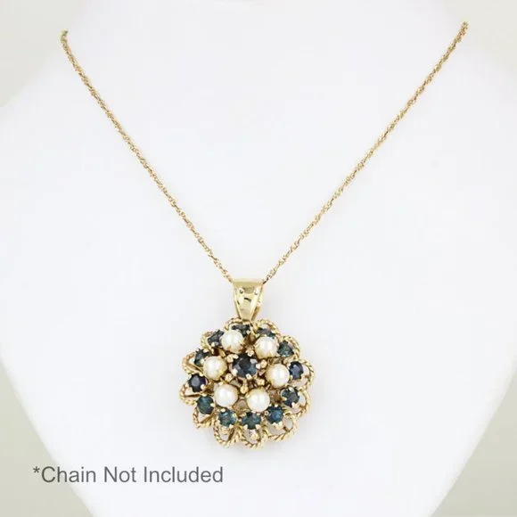 Vintage 10 Karat Yellow Gold Blue Spinel + Pearl Anniversary Pendant - Image 4