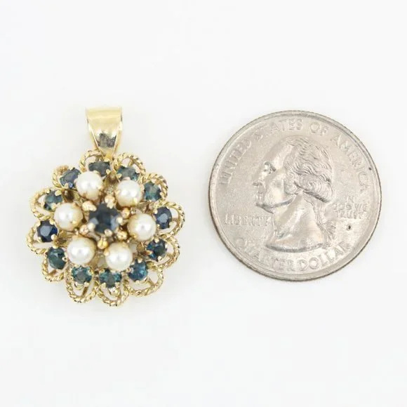 Vintage 10 Karat Yellow Gold Blue Spinel + Pearl Anniversary Pendant - Image 6