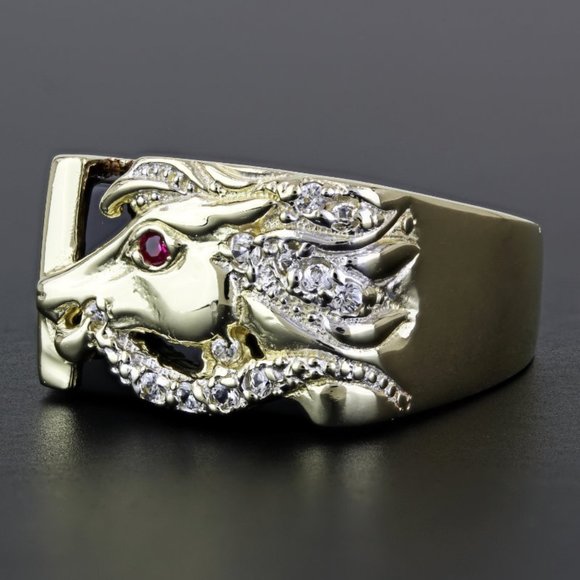 Vintage 14K Two-Tone Gold Onyx, Ruby, & CZ Horse Head Ring - Image 6
