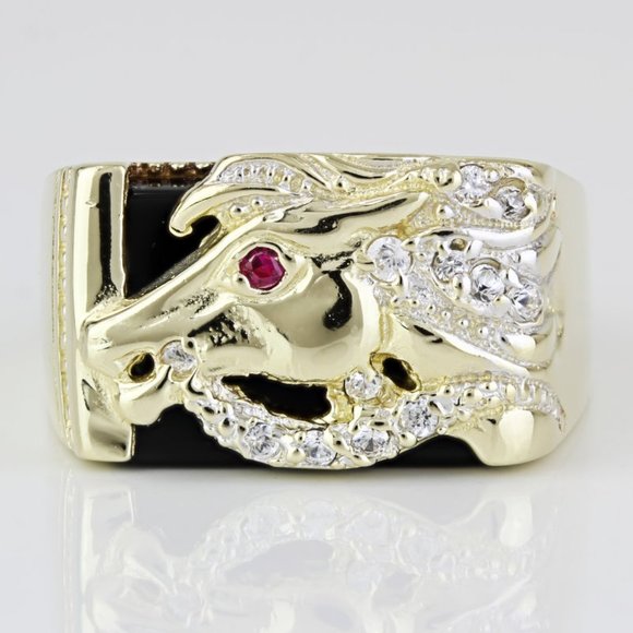 Vintage 14K Two-Tone Gold Onyx, Ruby, & CZ Horse Head Ring