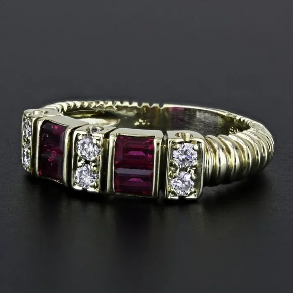 14K Yellow Gold Diamond & Ruby Anniversary Band / Bridal Marriage Wedding Ring - Image 5