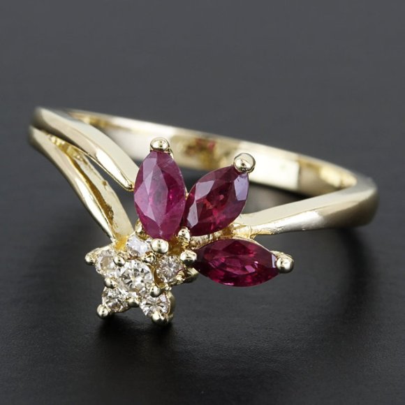 14k Yellow Gold Diamond & Marquise Ruby Flower Ring - Image 6