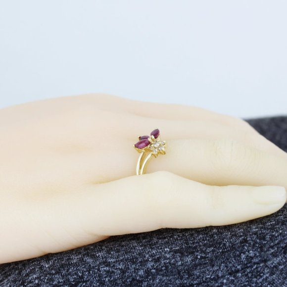 14k Yellow Gold Diamond & Marquise Ruby Flower Ring - Image 7