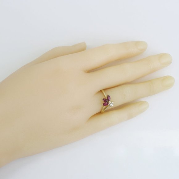 14k Yellow Gold Diamond & Marquise Ruby Flower Ring - Image 8