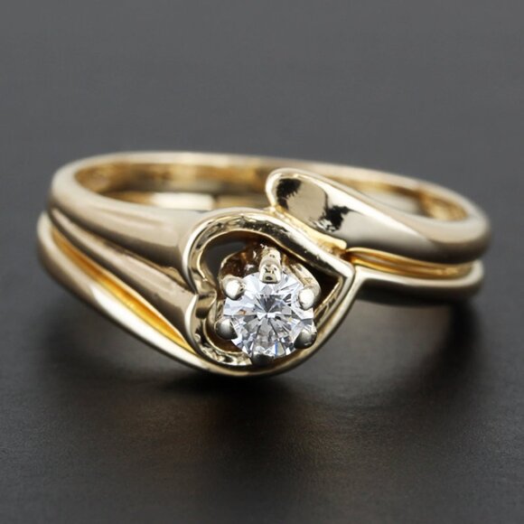 14k Yellow Gold Solitaire Diamond Heart Bridal Wedding Band Engagement Ring Set - Image 7