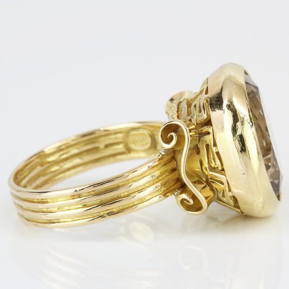 Vintage 18K Yellow Gold Smokey Quartz Greek Key Scroll Anniversary Ring - Image 3