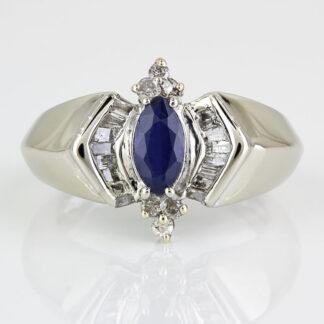 14k White Gold Marquise Sapphire with Round & Baguette Diamond Anniversary Ring