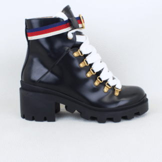 Gucci Calfskin Leather Sylvie Web Lace Up Combat Boots Size 7.5W