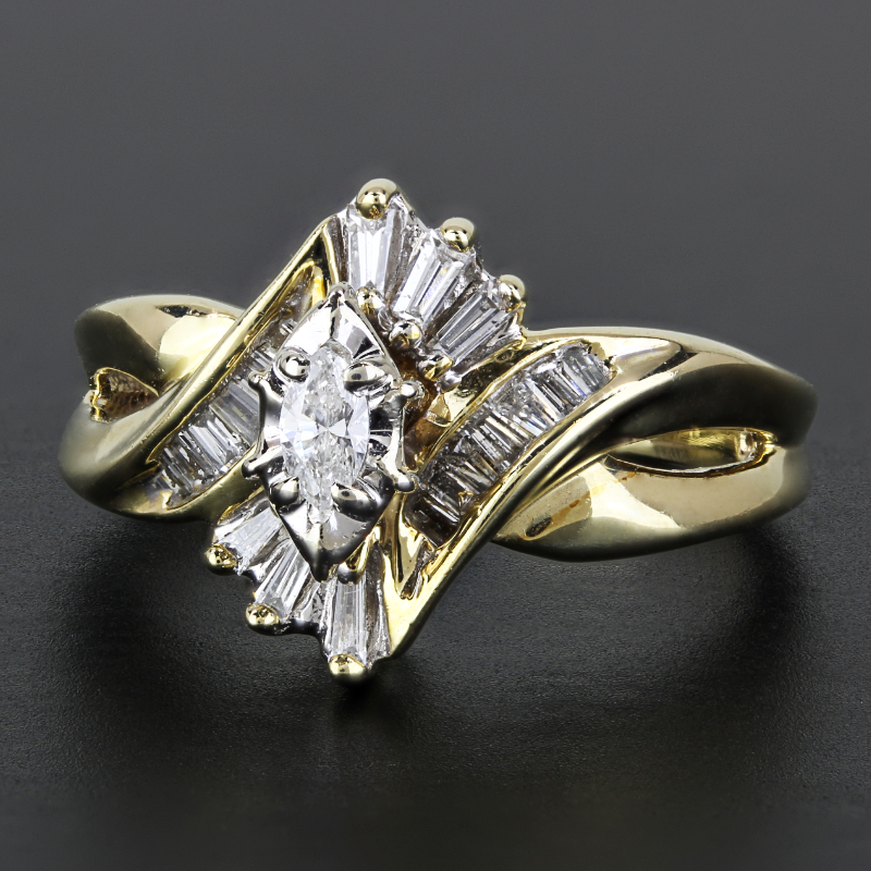 10k Yellow Gold Marquise + Baguette Diamond Cocktail Ring - Image 5