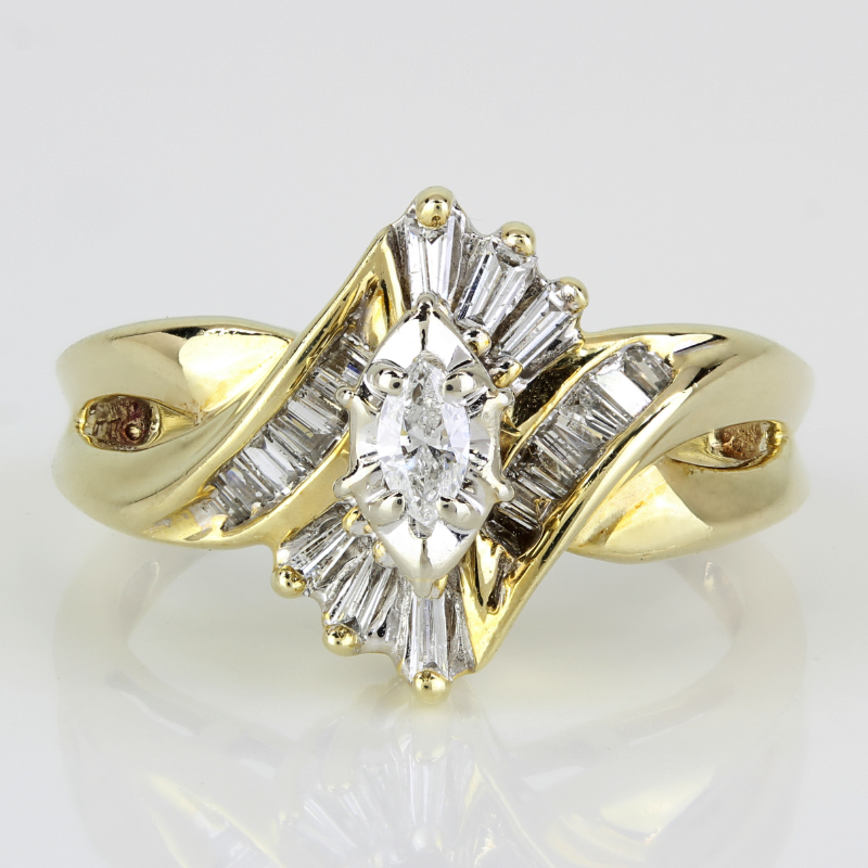 10k Yellow Gold Marquise + Baguette Diamond Cocktail Ring