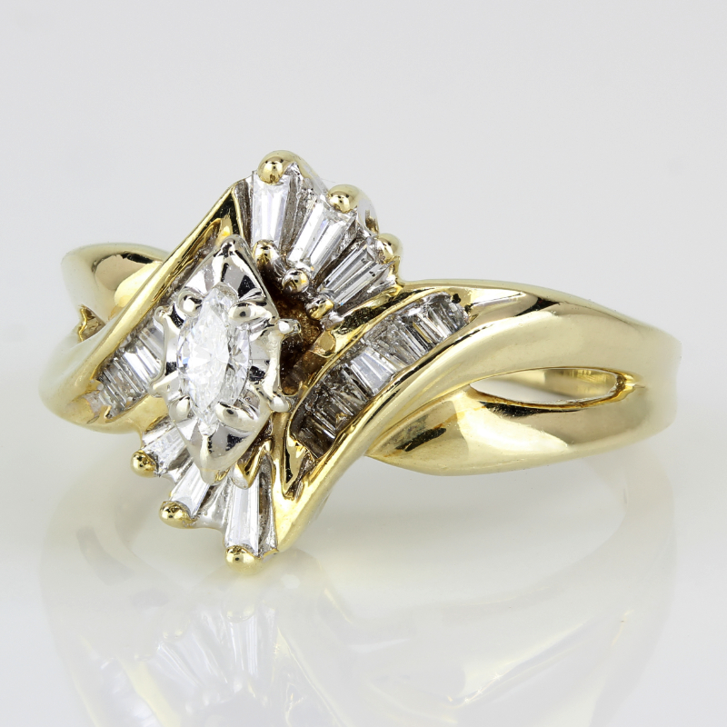 10k Yellow Gold Marquise + Baguette Diamond Cocktail Ring - Image 2
