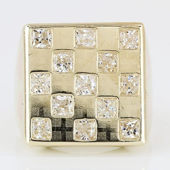 14k Two-tone Yellow Gold Checkerboard Cubic Zirconia CZ Statement Ring
