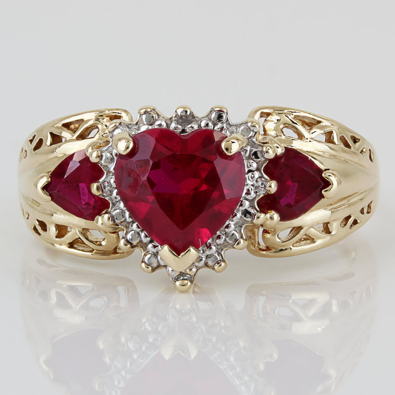 10K Yellow Gold Heart Lab Rubies & Diamond Filigree Ring