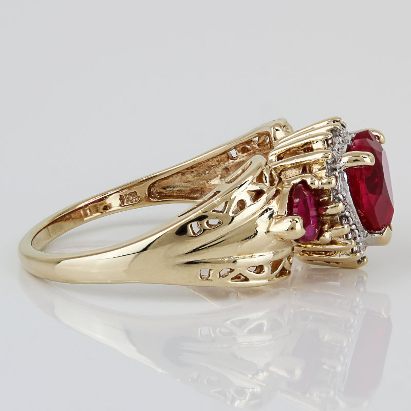 10K Yellow Gold Heart Lab Rubies & Diamond Filigree Ring - Image 3