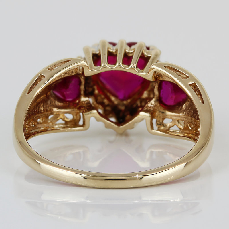 10K Yellow Gold Heart Lab Rubies & Diamond Filigree Ring - Image 4