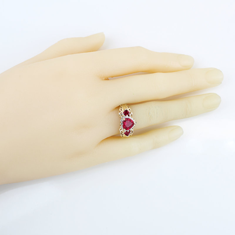 10K Yellow Gold Heart Lab Rubies & Diamond Filigree Ring - Image 6