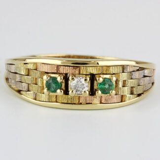 14K Tri-Tone Gold Emeralds & Diamond Basketweave Ring