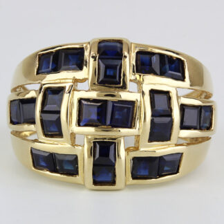 Vintage 14k Gold Sapphire Basketweave Wide Band Cocktail Ring by Leer Gem Ltd