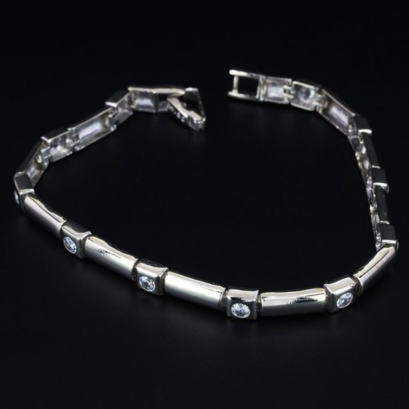 14k White Gold Bar Link Cubic Zirconia Bracelet - 7.25" - Image 3