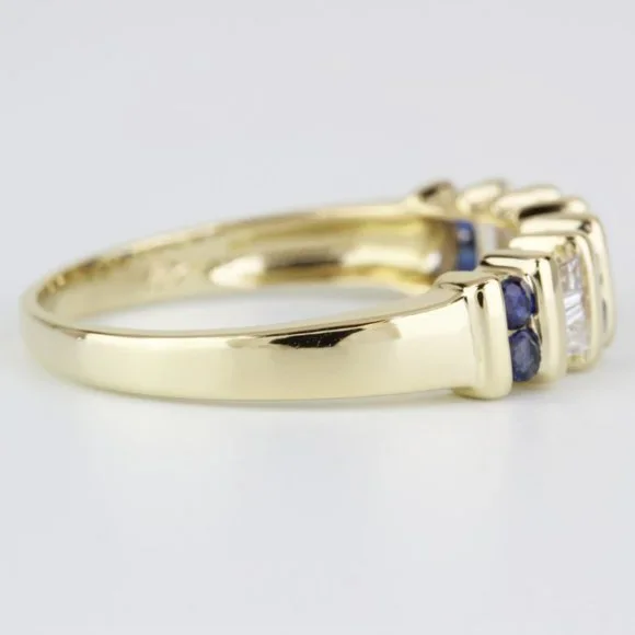 Vintage 14K Yellow Gold Diamond & Sapphire Anniversary Band / Wedding Ring - Image 2