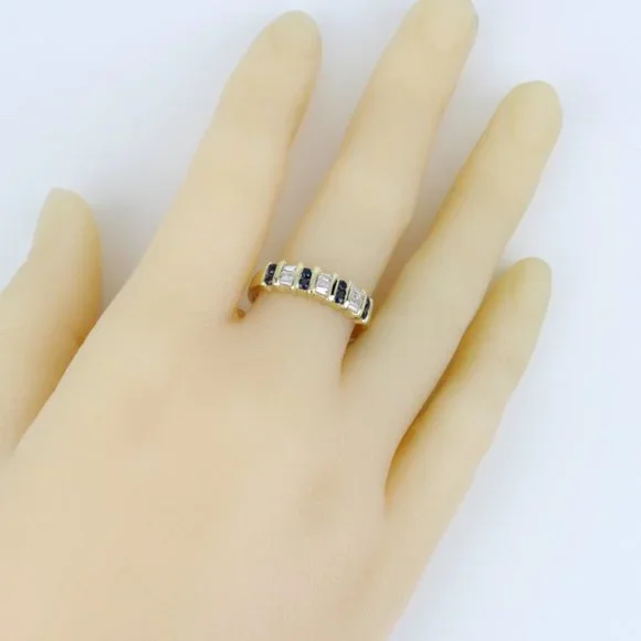 Vintage 14K Yellow Gold Diamond & Sapphire Anniversary Band / Wedding Ring - Image 6