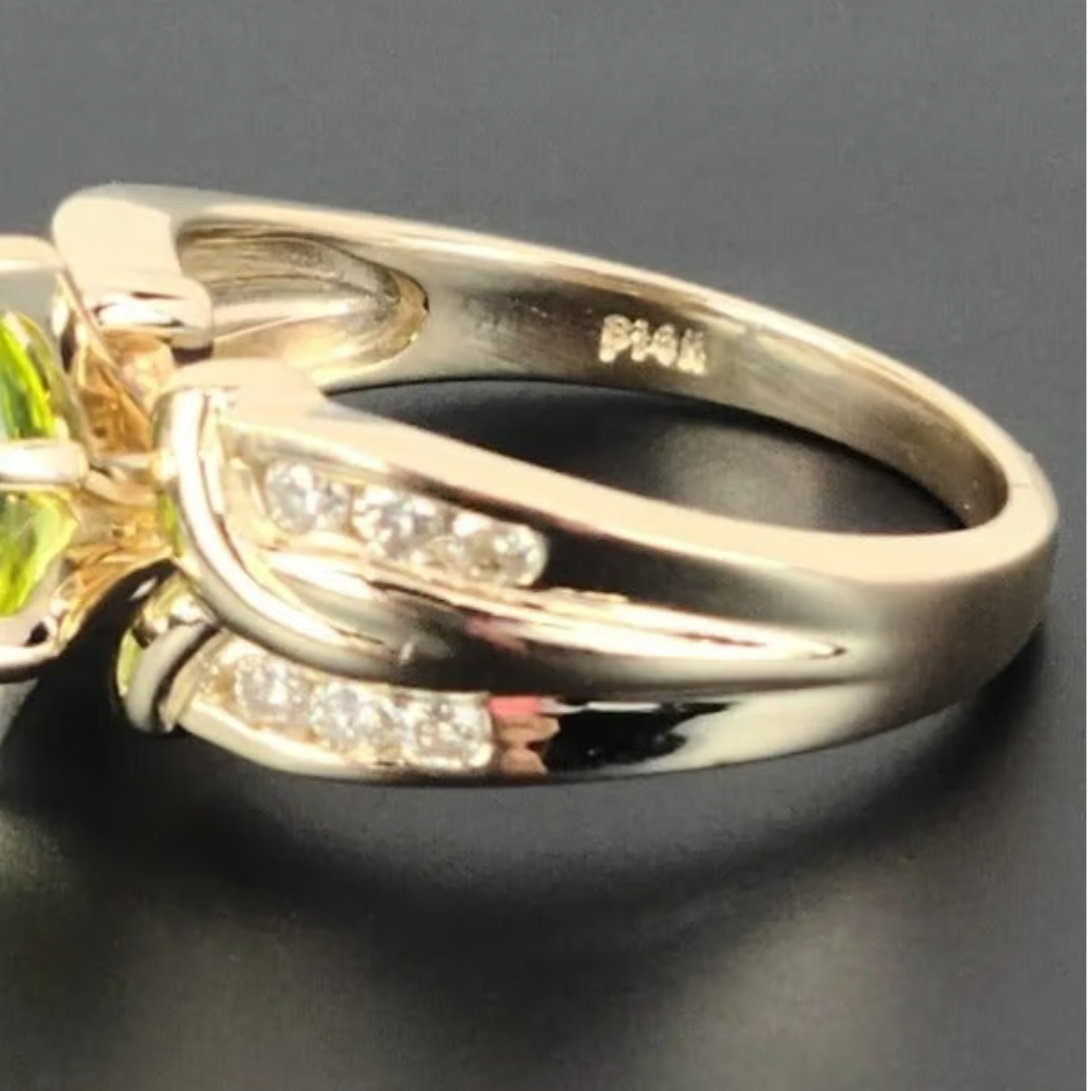 14K Yellow Gold Marquise Green Peridot and Diamond Anniversary / Engagement Ring - Image 6