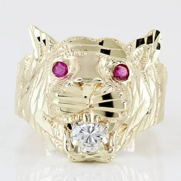 14K Yellow Gold White & Red Cubic Zirconia CZ Diamond-cut Tiger Ring