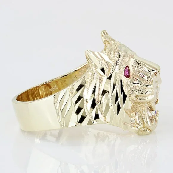 14K Yellow Gold White & Red Cubic Zirconia CZ Diamond-cut Tiger Ring - Image 3