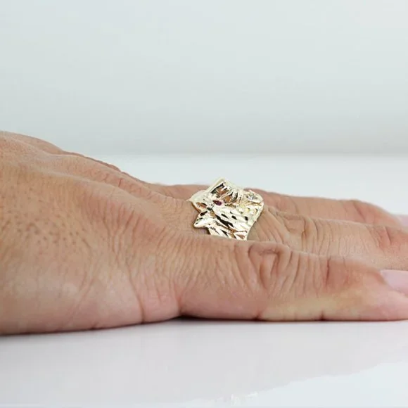 14K Yellow Gold White & Red Cubic Zirconia CZ Diamond-cut Tiger Ring - Image 6