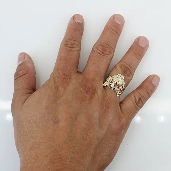 14K Yellow Gold White & Red Cubic Zirconia CZ Diamond-cut Tiger Ring - Image 7