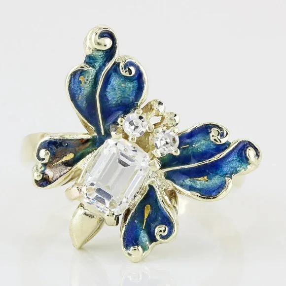 Vintage 14k Yellow Gold CZ & Enamel Butterfly Ring w/ 2 Diamonds