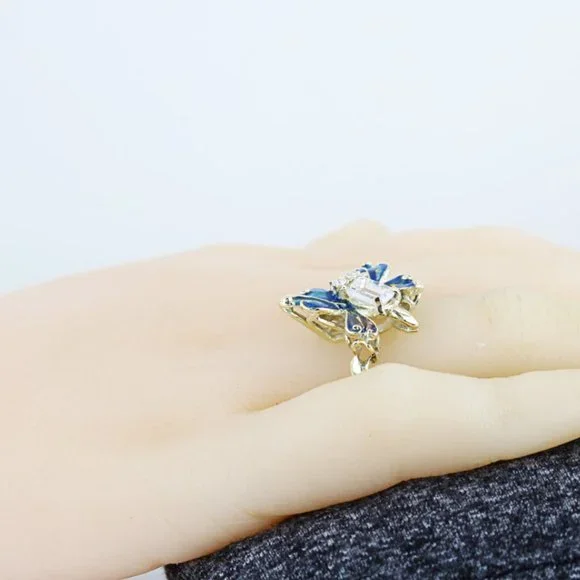 Vintage 14k Yellow Gold CZ & Enamel Butterfly Ring w/ 2 Diamonds - Image 6