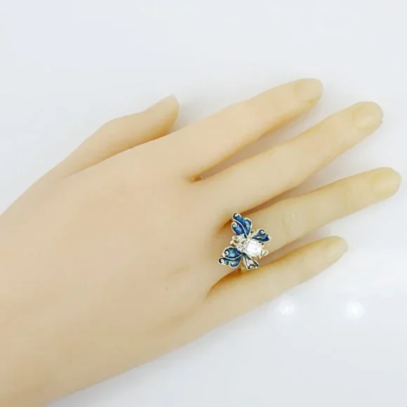 Vintage 14k Yellow Gold CZ & Enamel Butterfly Ring w/ 2 Diamonds - Image 7