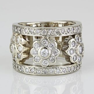 14K White Gold Diamond Flower Band Cocktail Statement Ring
