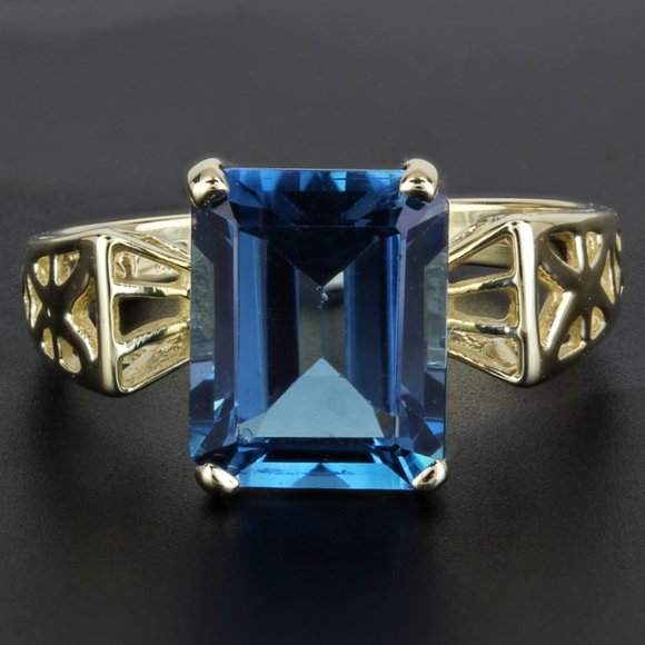 Vintage 10K Yellow Gold London Blue Topaz Solitaire Cocktail Ring - Image 6