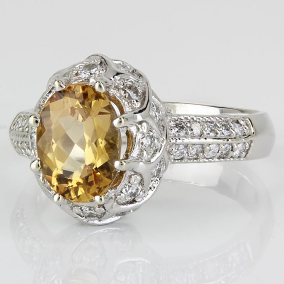 14K White Gold Citrine Pavé Diamond Anniversary Cocktail Birthstone Ring by TAL - Image 3