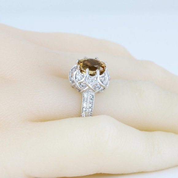 14K White Gold Citrine Pavé Diamond Anniversary Cocktail Birthstone Ring by TAL - Image 7