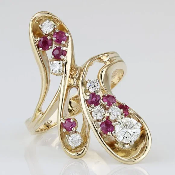 14k Yellow Gold Diamond + Red Spinel Wedding / Anniversary / Cocktail Ring