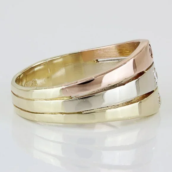 14k Tri-Color Gold Wide Multiband Cubic Zirconia CZ Ring - Image 3