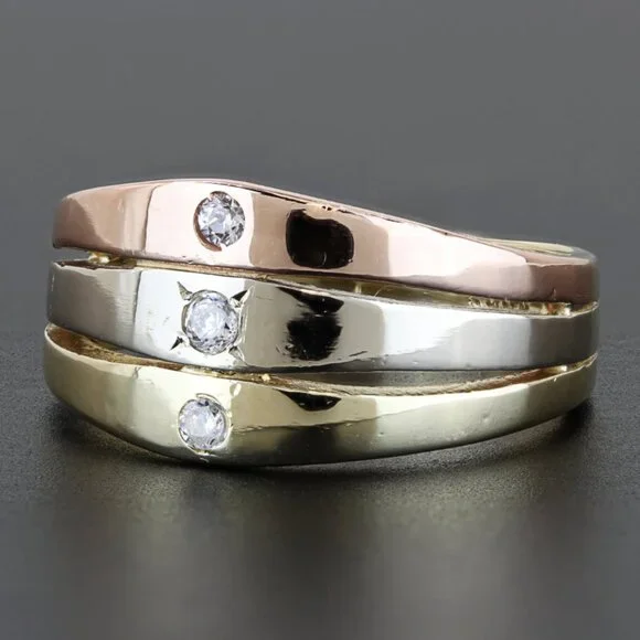 14k Tri-Color Gold Wide Multiband Cubic Zirconia CZ Ring - Image 7