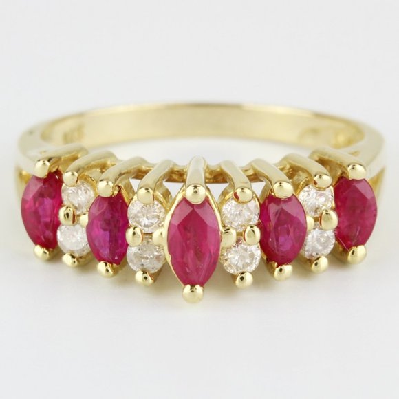 14K Yellow Gold Marquise Ruby & Diamond Anniversary Wedding Band Cocktail Ring