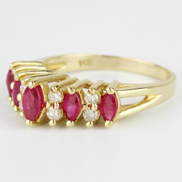 14K Yellow Gold Marquise Ruby & Diamond Anniversary Wedding Band Cocktail Ring - Image 2
