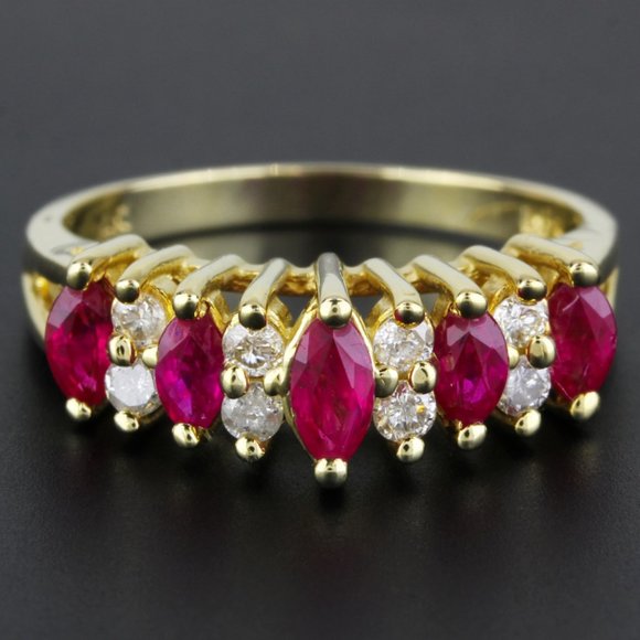 14K Yellow Gold Marquise Ruby & Diamond Anniversary Wedding Band Cocktail Ring - Image 7